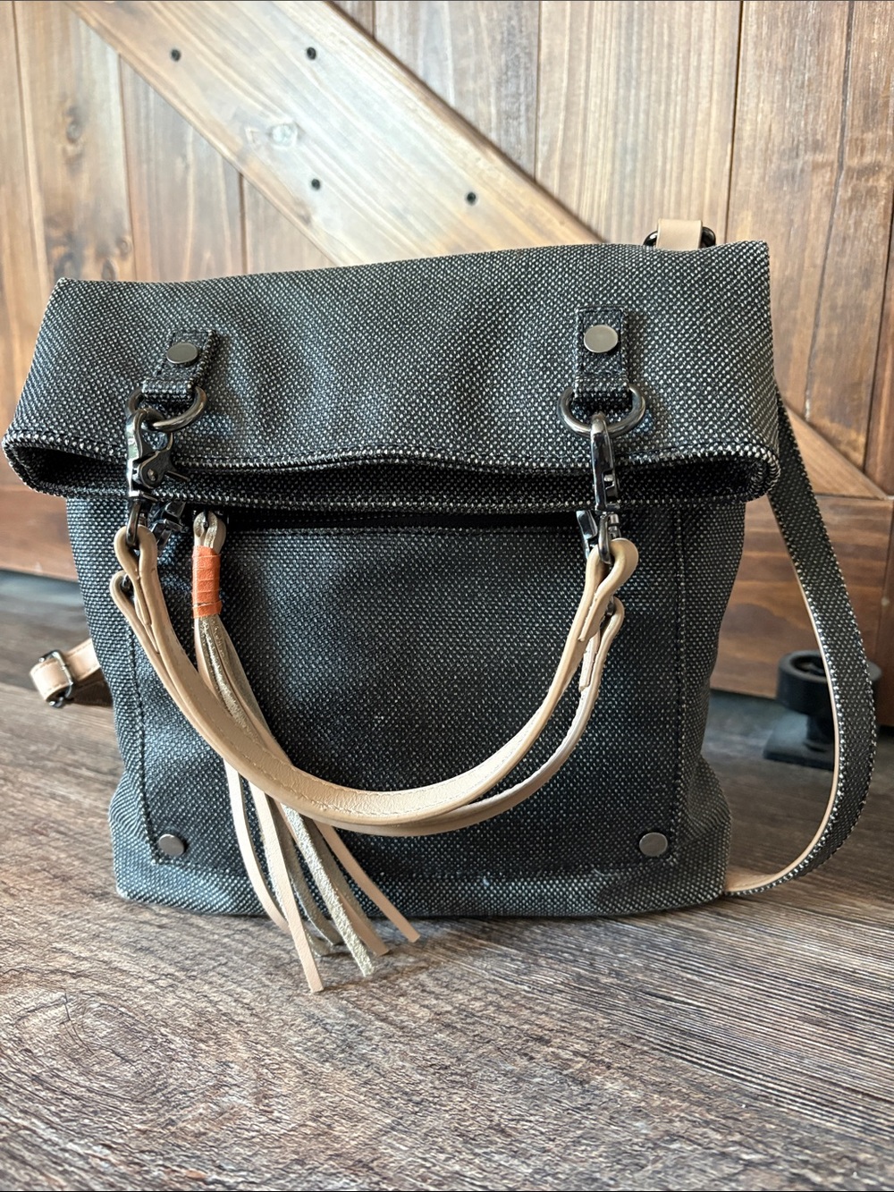Sherpani Black Canvas Crossbody with Tan Accents